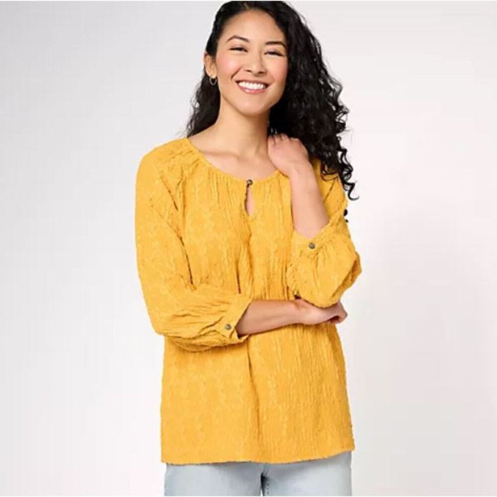 Denim & Co. Canyon Retreat Raglan Sleeve Peasant Top w/ Keyhole Neck - 2X
